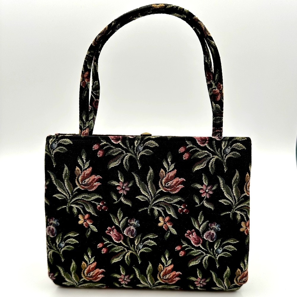 Stunning Vintage HL USA Black Floral Shoulder Bag with 24K Gold Plated Frame